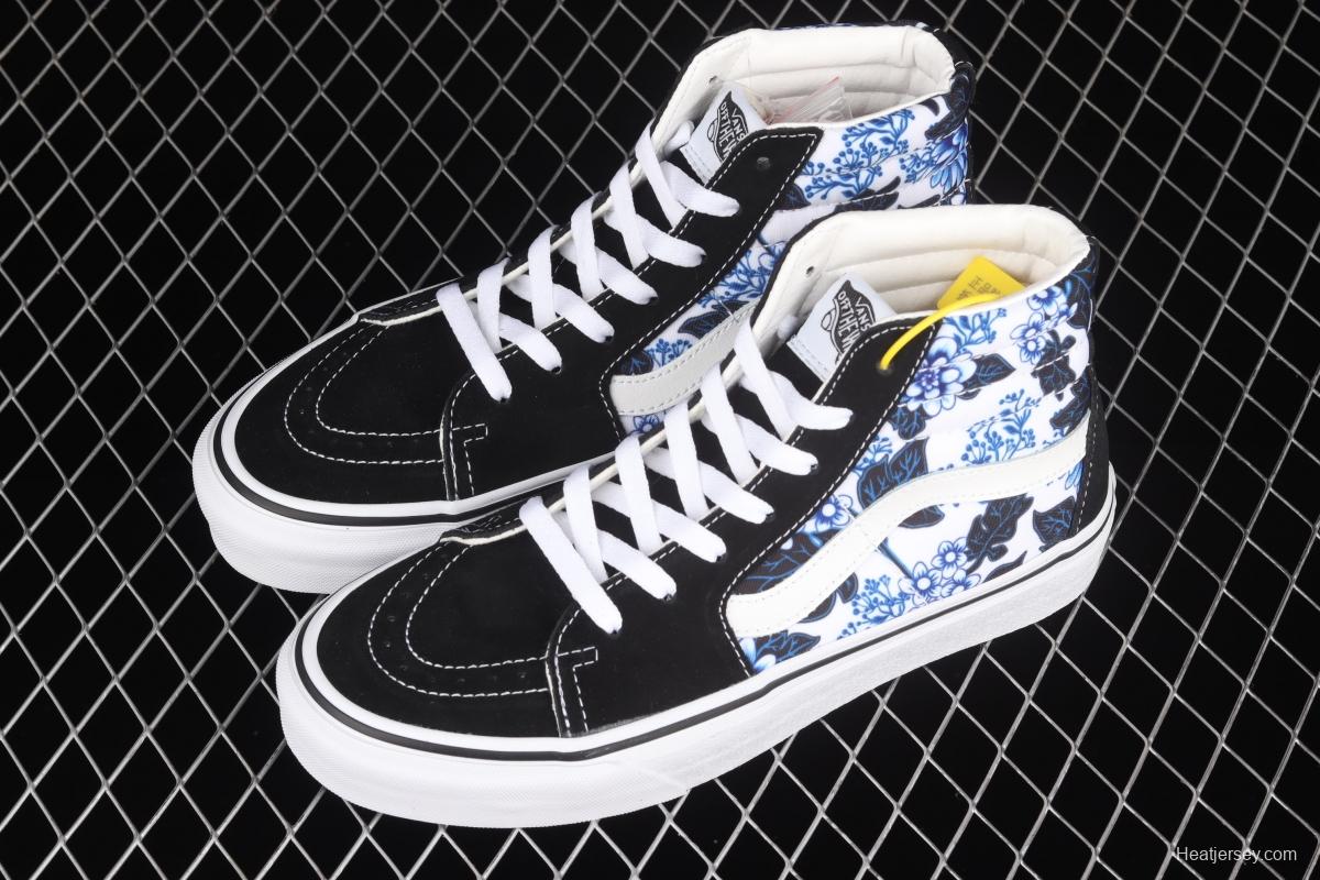 Vans Sk8-Hi classic series blue flower printing side stripes casual board shoes VN0A4U16Y6Z