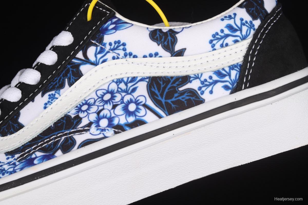 Vans Style blue flower printed side striped low upper board shoes VN0A7Q2JY6Z