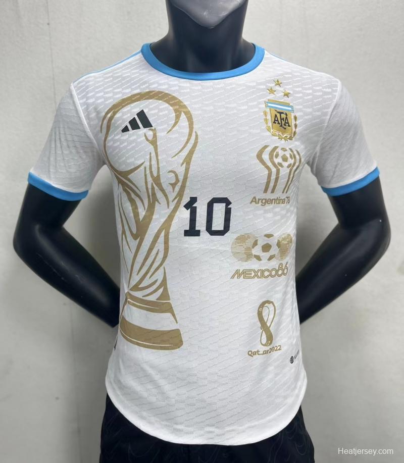 Player Version 3 Stars Argentina White Training Jersey With Number 10 Printing