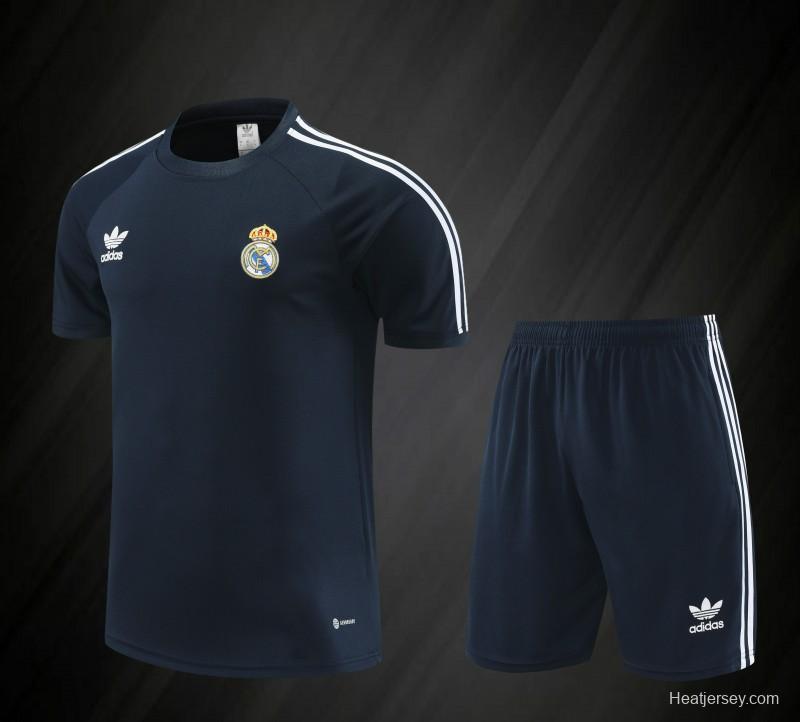 23/24 Adidas Originals Real Madrid Navy Cotton Short Sleeve Jersey+Shorts