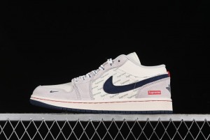 Nike Air Jordan 1 Low Supreme Collaboration - Pig Grey Print Custom Retro Basketball Shoes - LJ6688-009