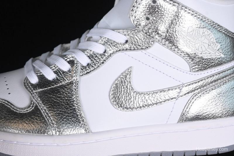 Nike Air Jordan 1 Mid Basketball Shoes Silver White - FN5031-100